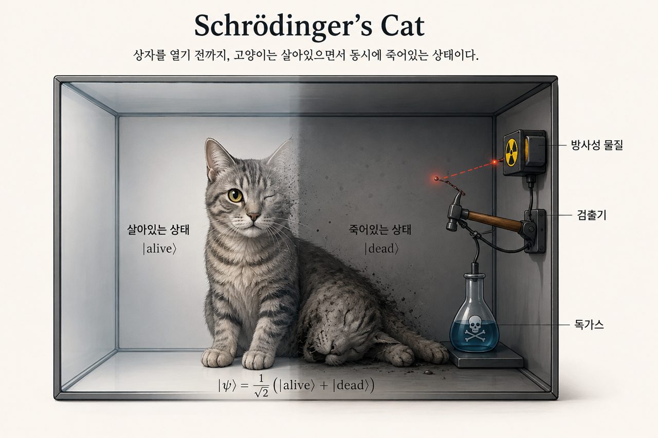 닫힌 상자 안에 고양이와 방사성 물질, 검출기, 망치, 독가스 병이 들어 있다. 고양이의 왼쪽 절반은 살아 있는 상태, 오른쪽 절반은 죽어 있는 상태로 겹쳐 그려져 있다.